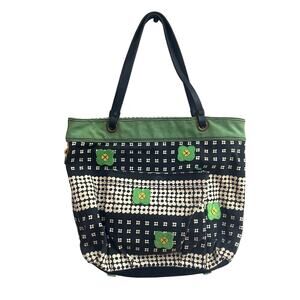 Lucky Brand Hippy Daisy Green Canvas Black Leather Strap Shoulder Bag